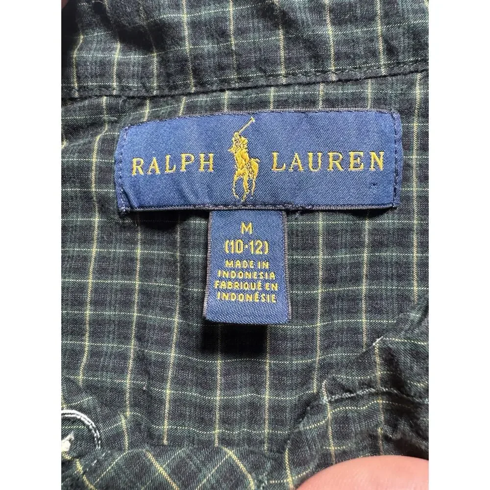 Ralph Lauren Boys M 10-12 Green Blue Check Button Down Shirt Pony Logo Cotton